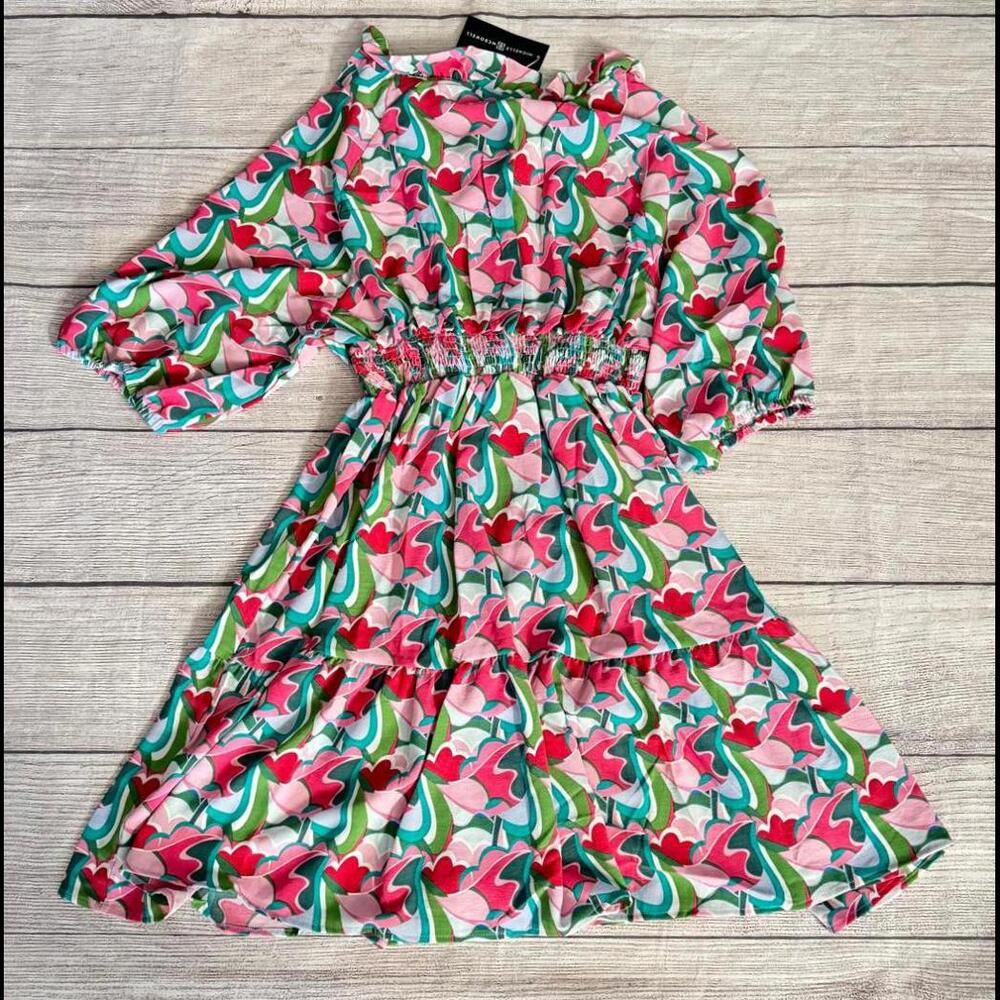 Smocked-Waist Floral Midi Dress in Pink & Green - Picture 2 of 2